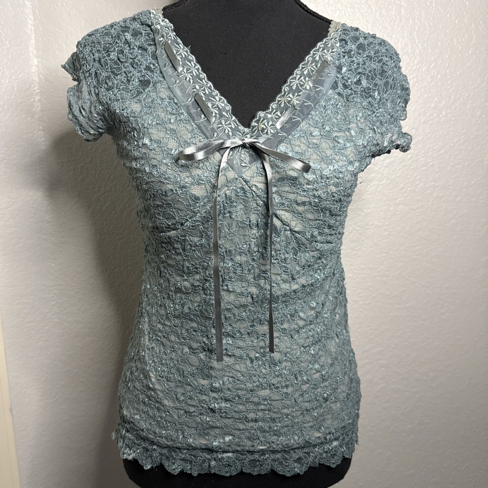 Y2K Babydoll Blue Floral Embroidered Top S Lace Overlay Sequin Coquette Fairy